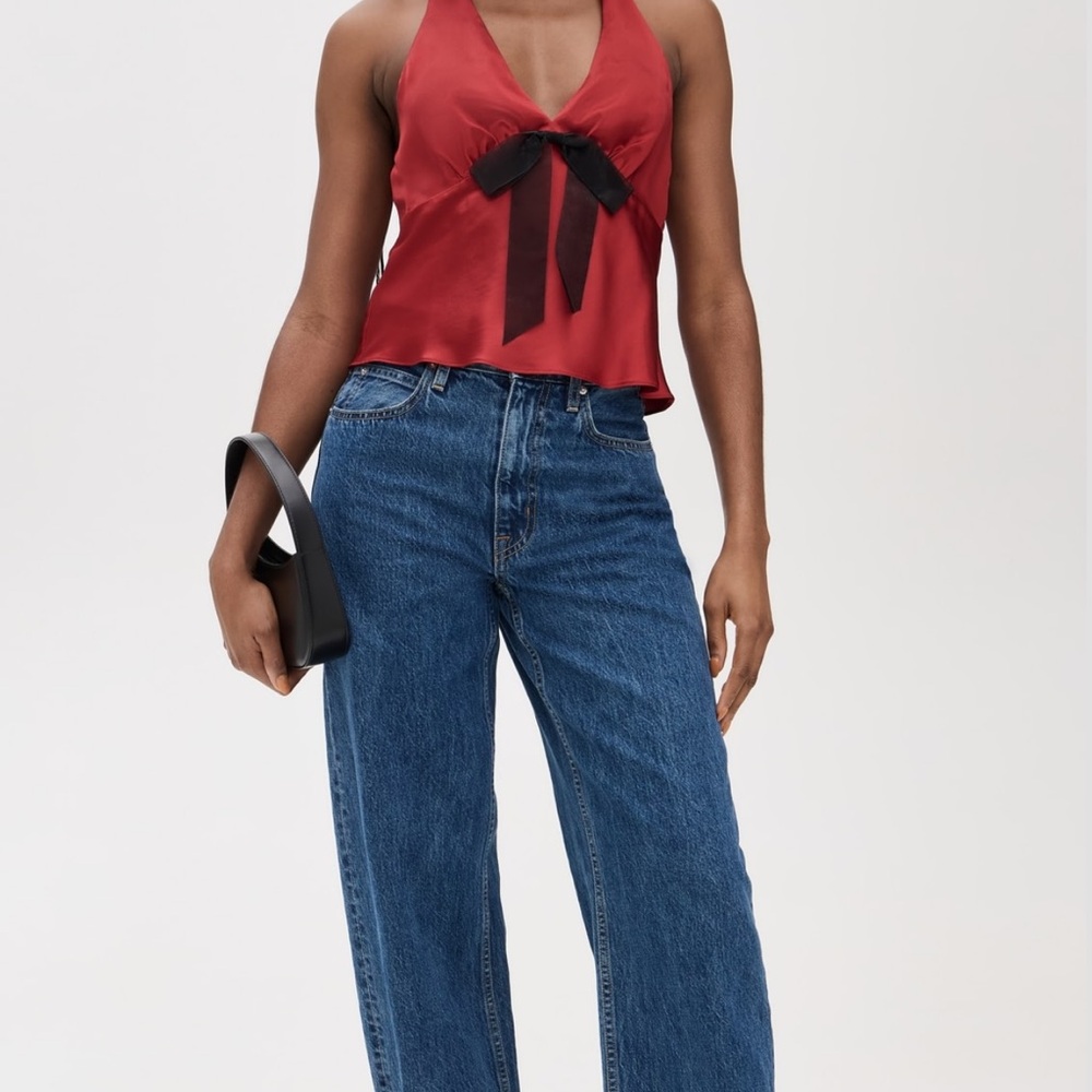 Black Satin V-Neck Tank with Silver Bow Accent - Picture 2 of 5